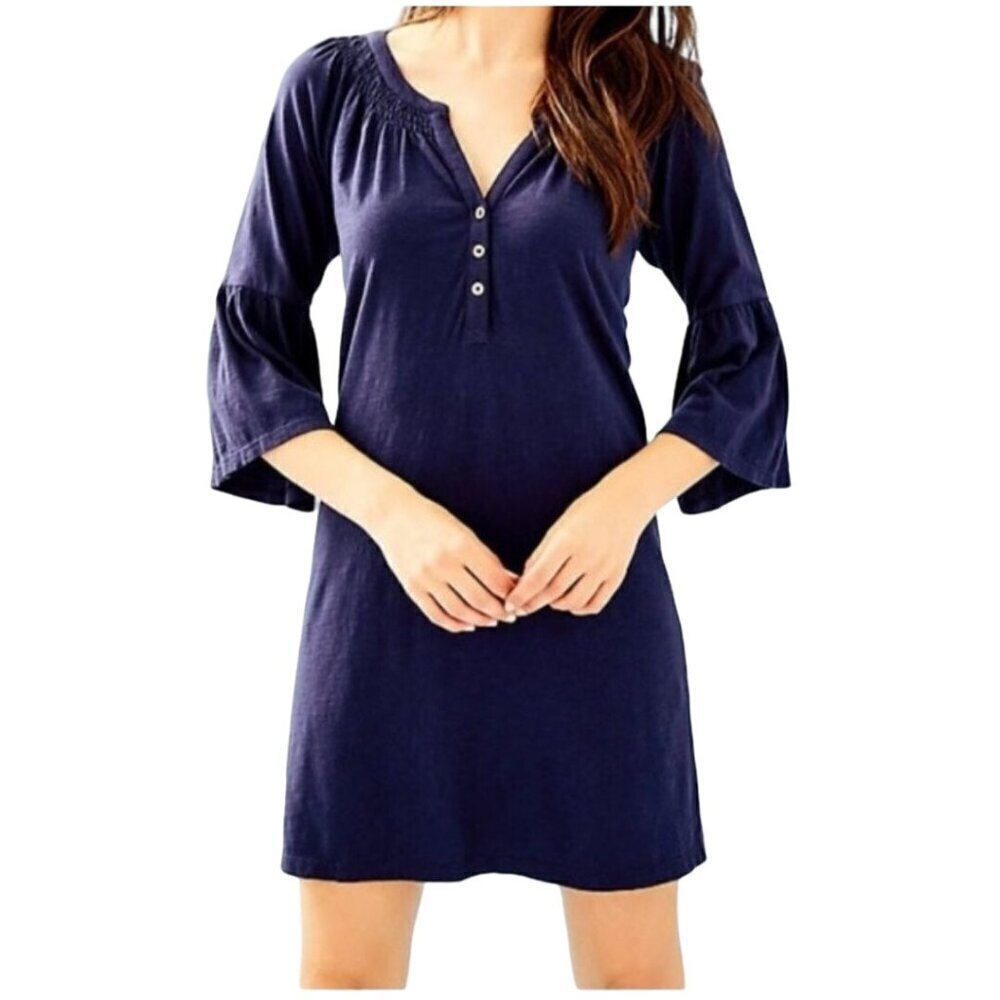 Lilly Pulitzer Navy Blue Teigen Dress 3/4 Bell Sleeve Henley Pima Cotton Size S